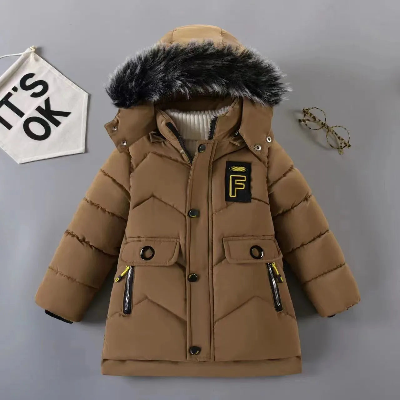 Letter F Design with Plush Fur Collar, Hooded Heavy Coat for Warmth