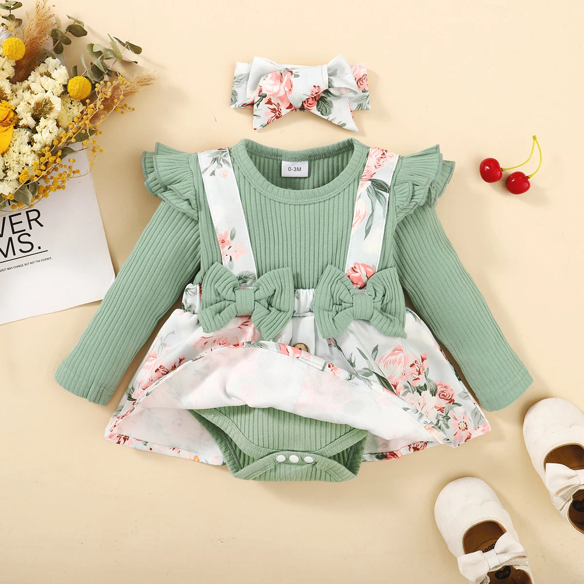 2-Piece Baby Girl Floral Romper Dress & Headband Set