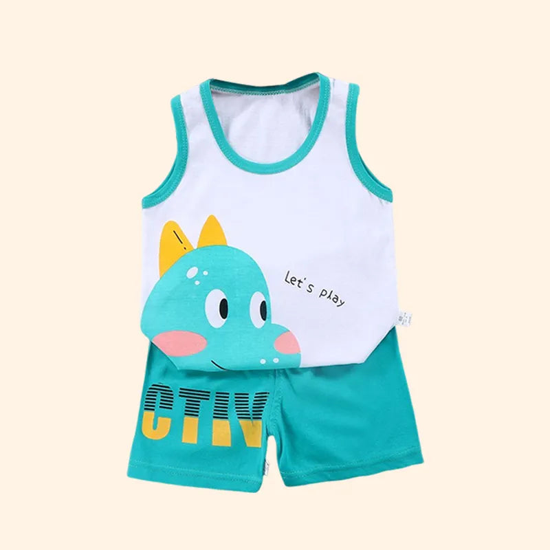 Summer Kids' Cotton Sleeveless Vest 2PCs Set: Top & Short