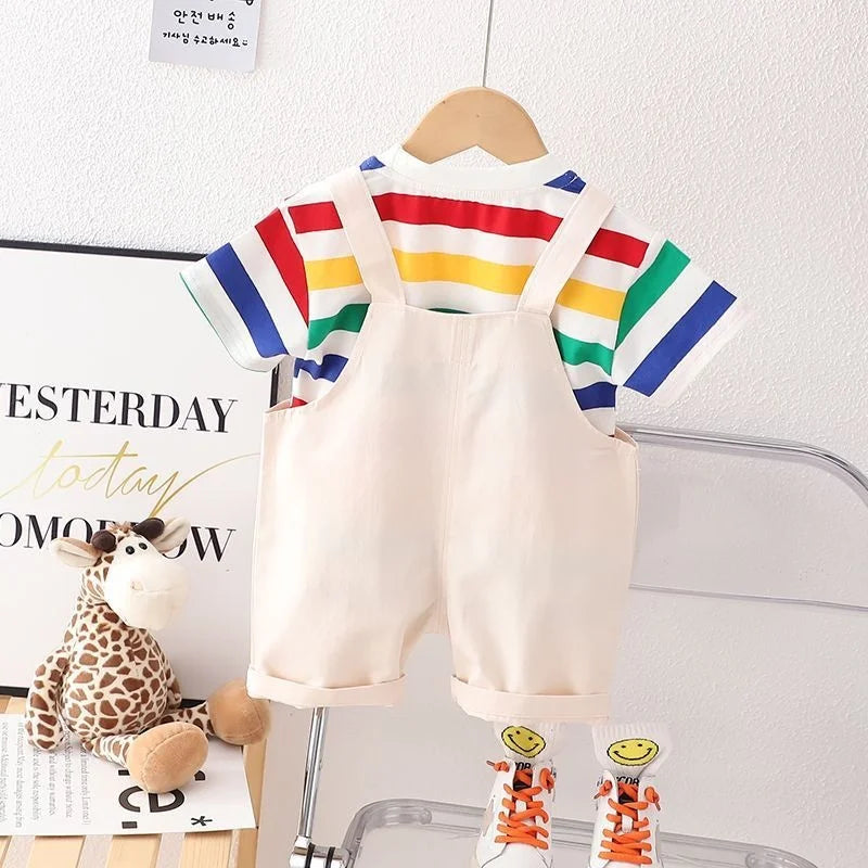 2pcs Striped T-shirt with Overalls Tracksuit Set