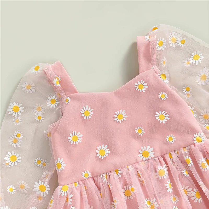 Princess Daisy Print Long Sleeves Party Dress