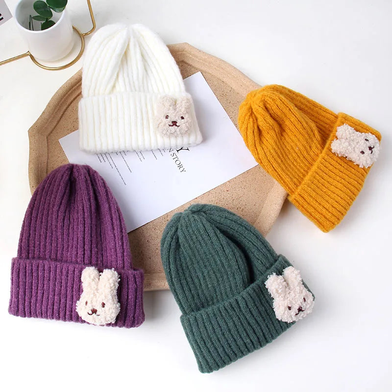 Korean Cute Bear Baby Hats For Kids Soft Knitted Cap Warm Beanie Autumn Winter Solid Color Children Toddler Crochet Hat