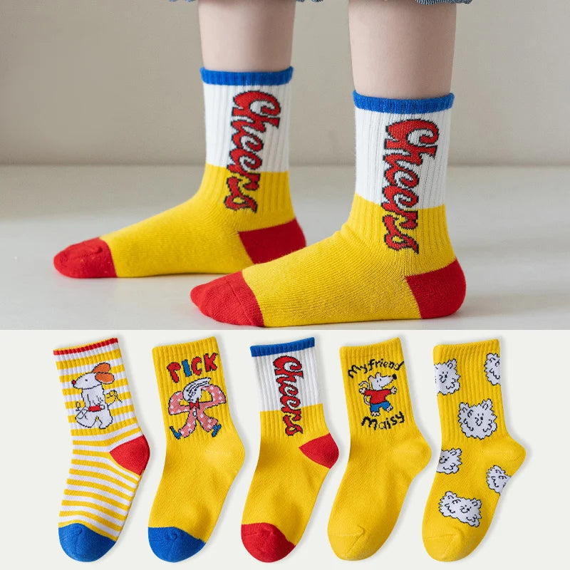 LJMOFA 5 Pairs Children Socks for Girls Boy Cartoon Toddler Cotton Knitted Sports Socks Four Seasons New Kids Tube Socks C161