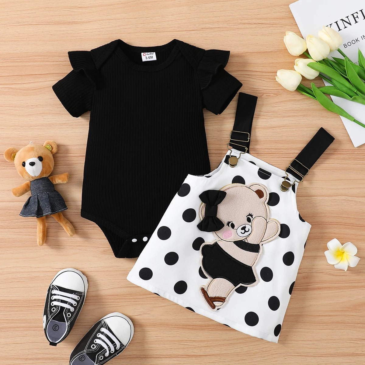 PatPat Baby Dresses 2pcs Baby Girl 95% Cotton Ruffle Trim Short-sleeve Romper and Bear Graphic Polka Dots Overall Dress Sets