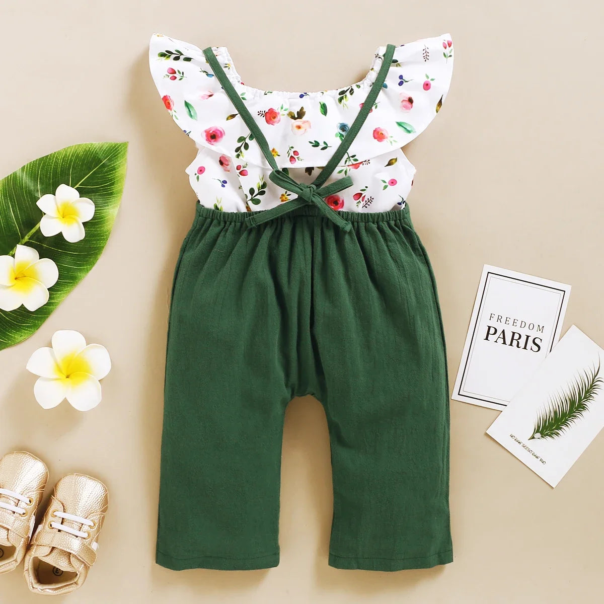 2PCs Set: Floral Short Top & Suspender Pant