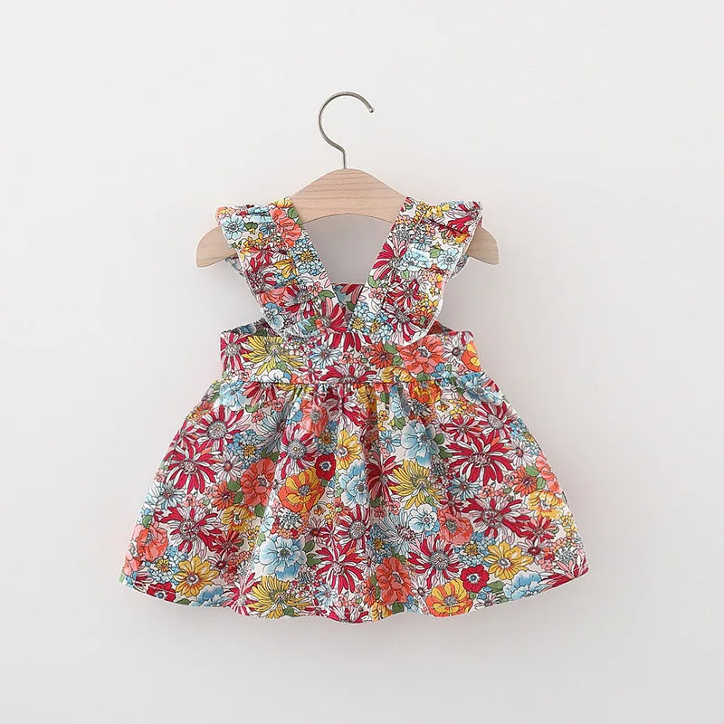 Vintage Floral Baby Girl's Summer Dress with Straw Bag 2PCs