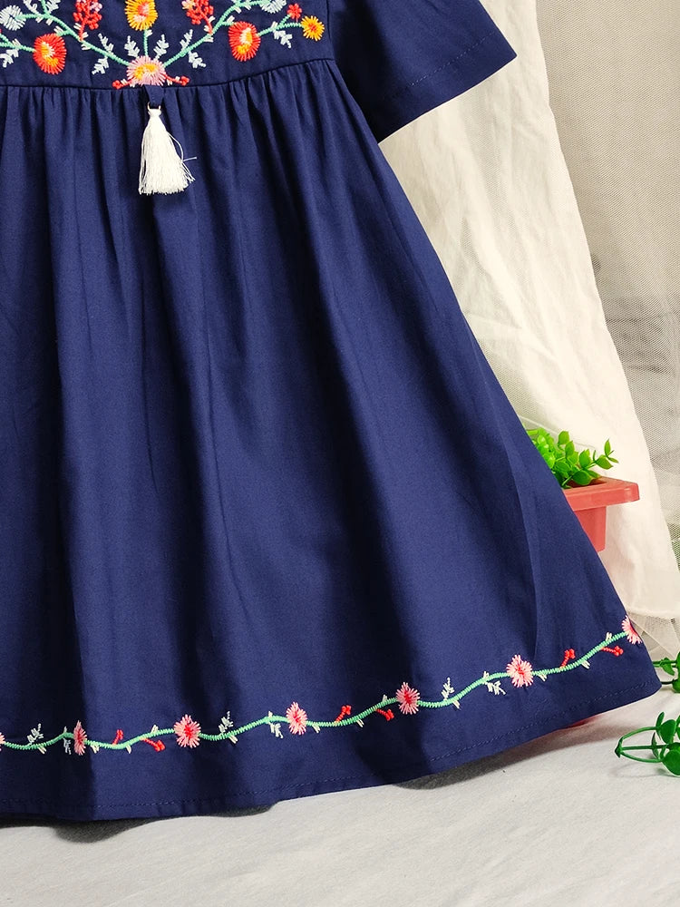 Girls Flowers Embroidered Cotton Dress