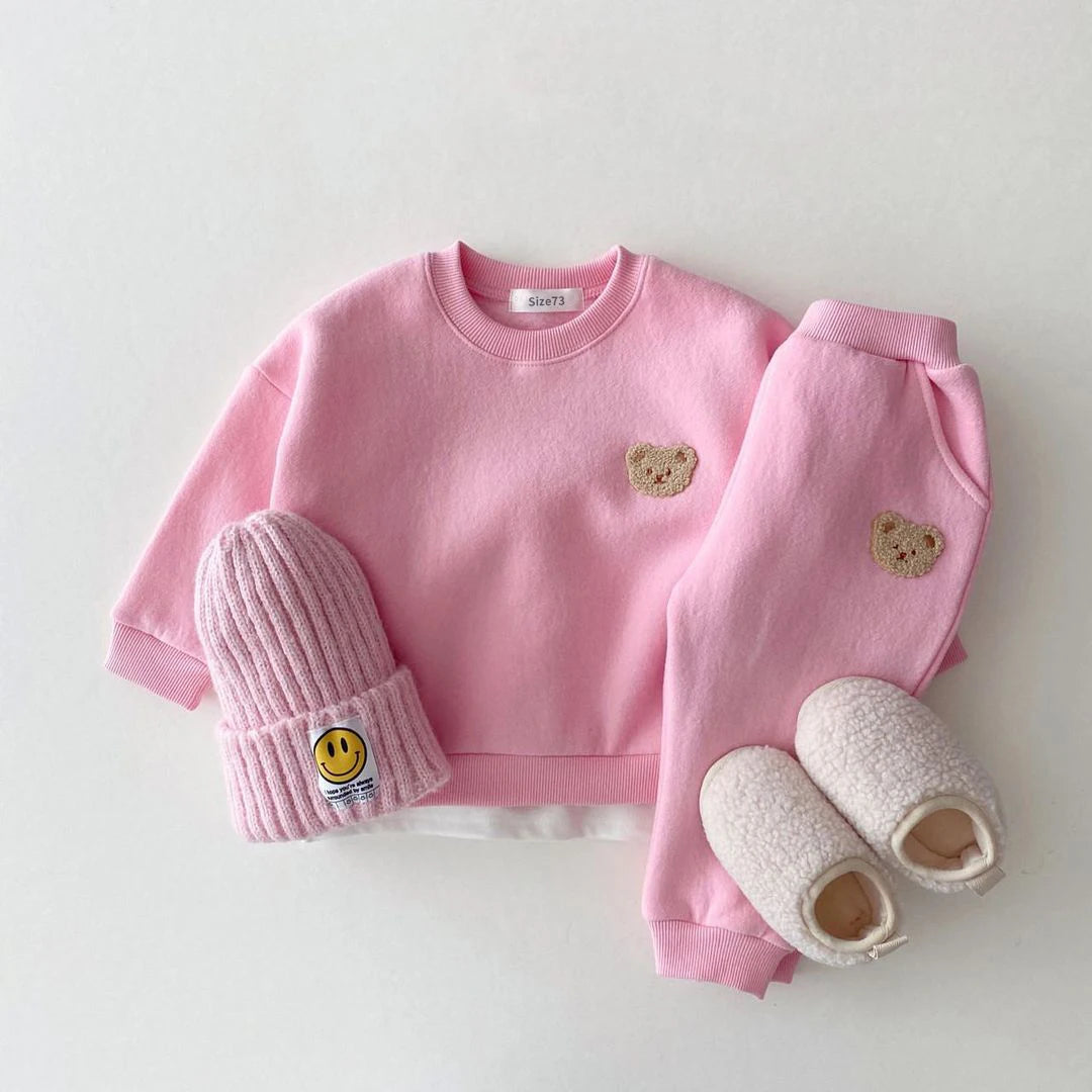 Korean Kids Bear Embroidery Fleece Pullover Set 1-5yrs Sweatshirt Tops+Harem Jogger Pants Suits 2pcs Girls Fleece Lined Clothes