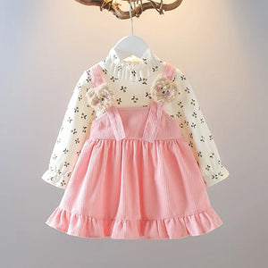 Floral Bear Corduroy Strap Dress – Long Sleeve Kids Outfit