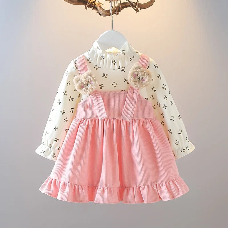 Floral Bear Corduroy Strap Dress – Long Sleeve Kids Outfit