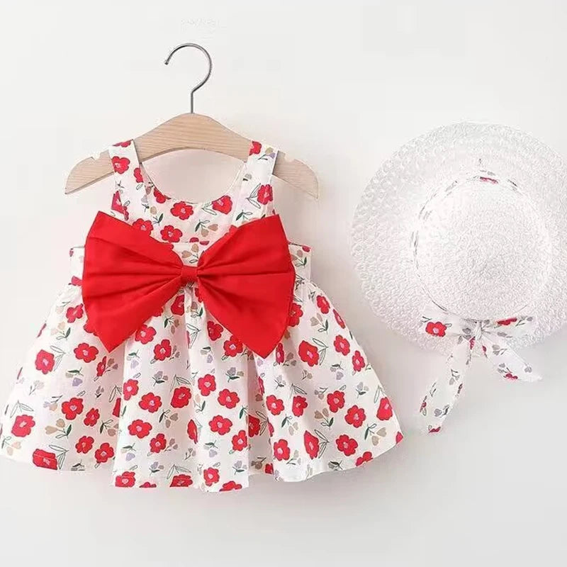 Sweet Floral Beach Dress with Hat 2PCs Set