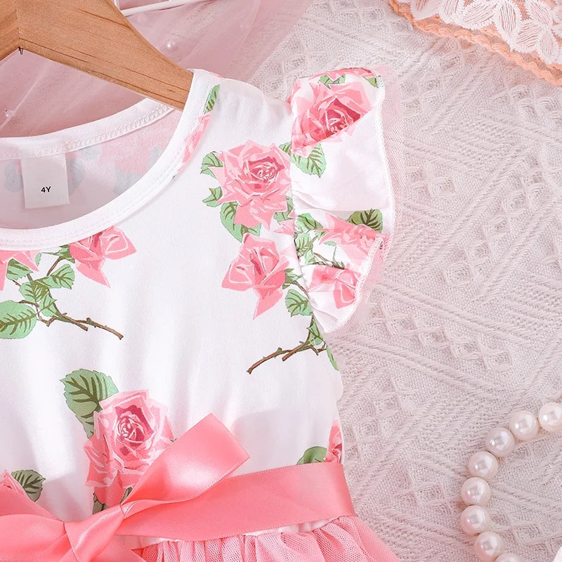 Princess Ruffled Sleeve Pink Floral Dress