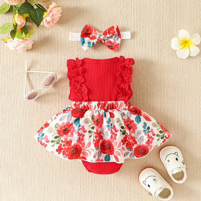 2PCS Romper Dress Set with Flower Print & Headband