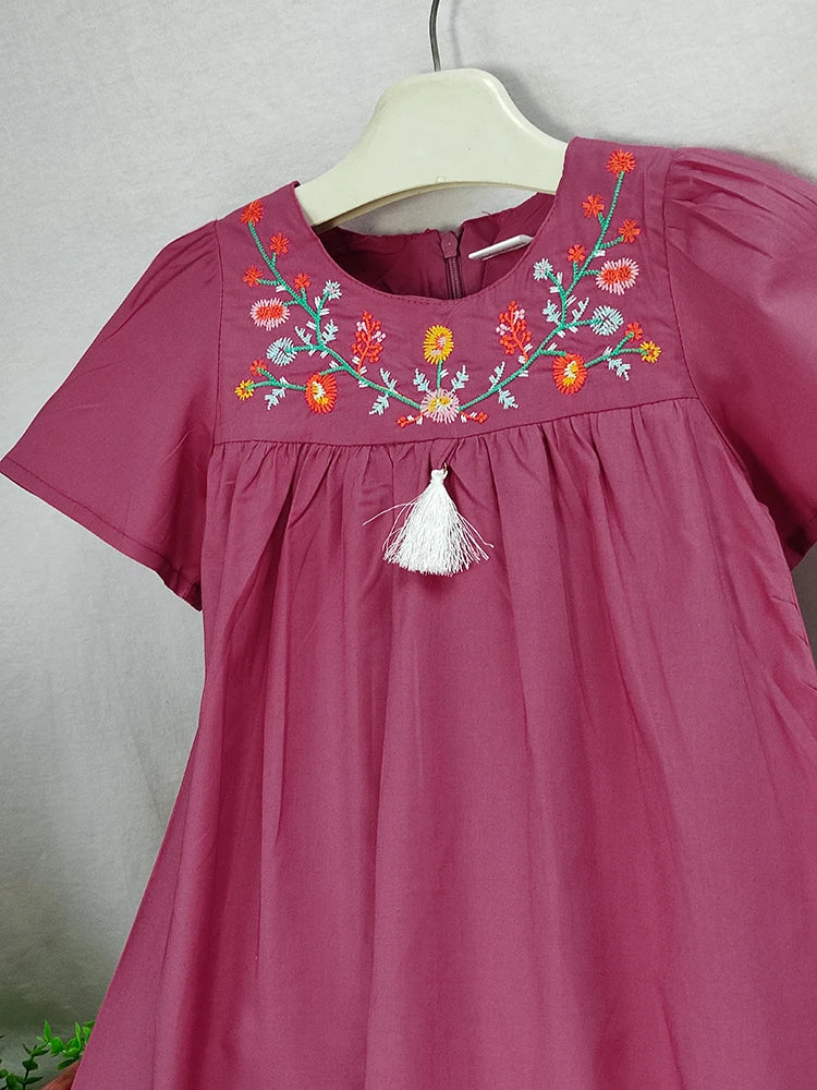 Girls Flowers Embroidered Cotton Dress