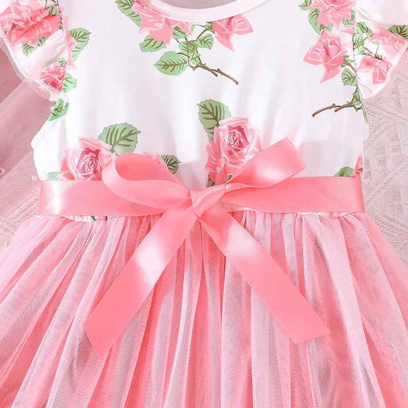 Princess Ruffled Sleeve Pink Floral Dress