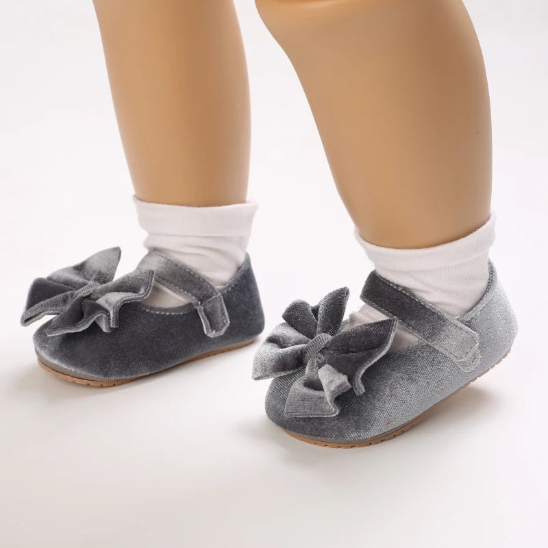 Newborn Baby Girls Flannelette Bow Shoes - Soft Rubber Sole