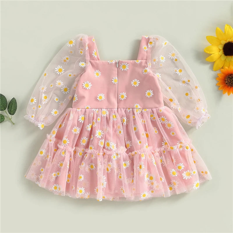 Princess Daisy Print Long Sleeves Party Dress