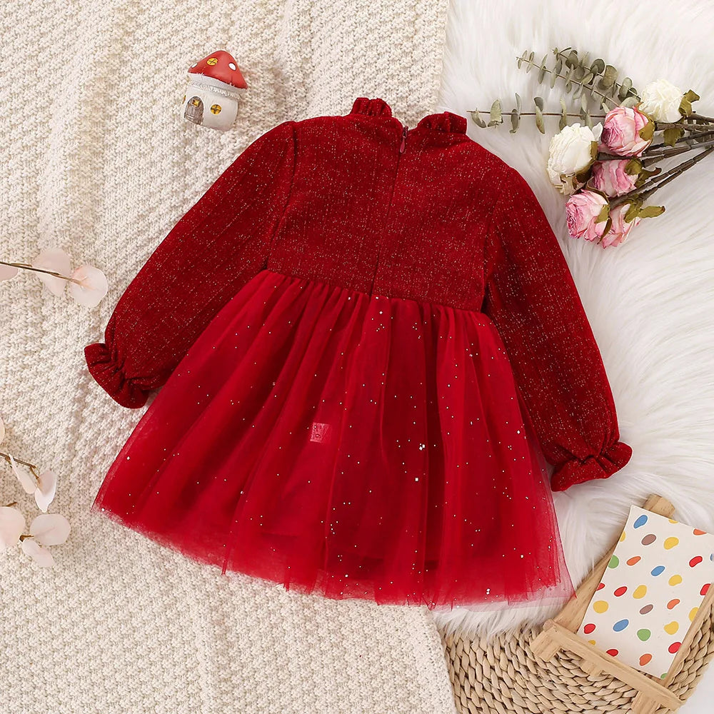 Red Baby Girl Long Sleeved Velvet Sequin Party Dress with Bag