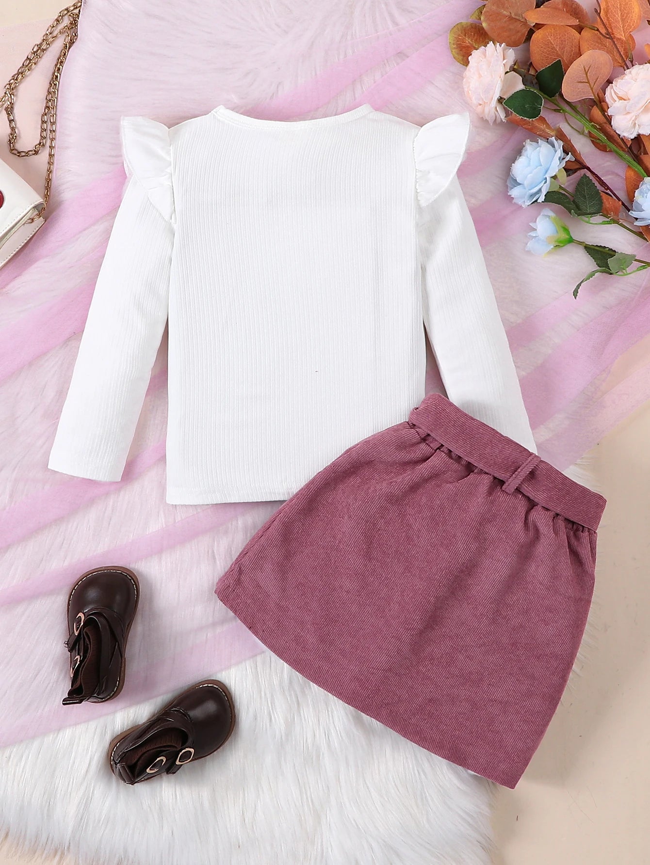 2 PCs White long sleeved top & Skirt Set