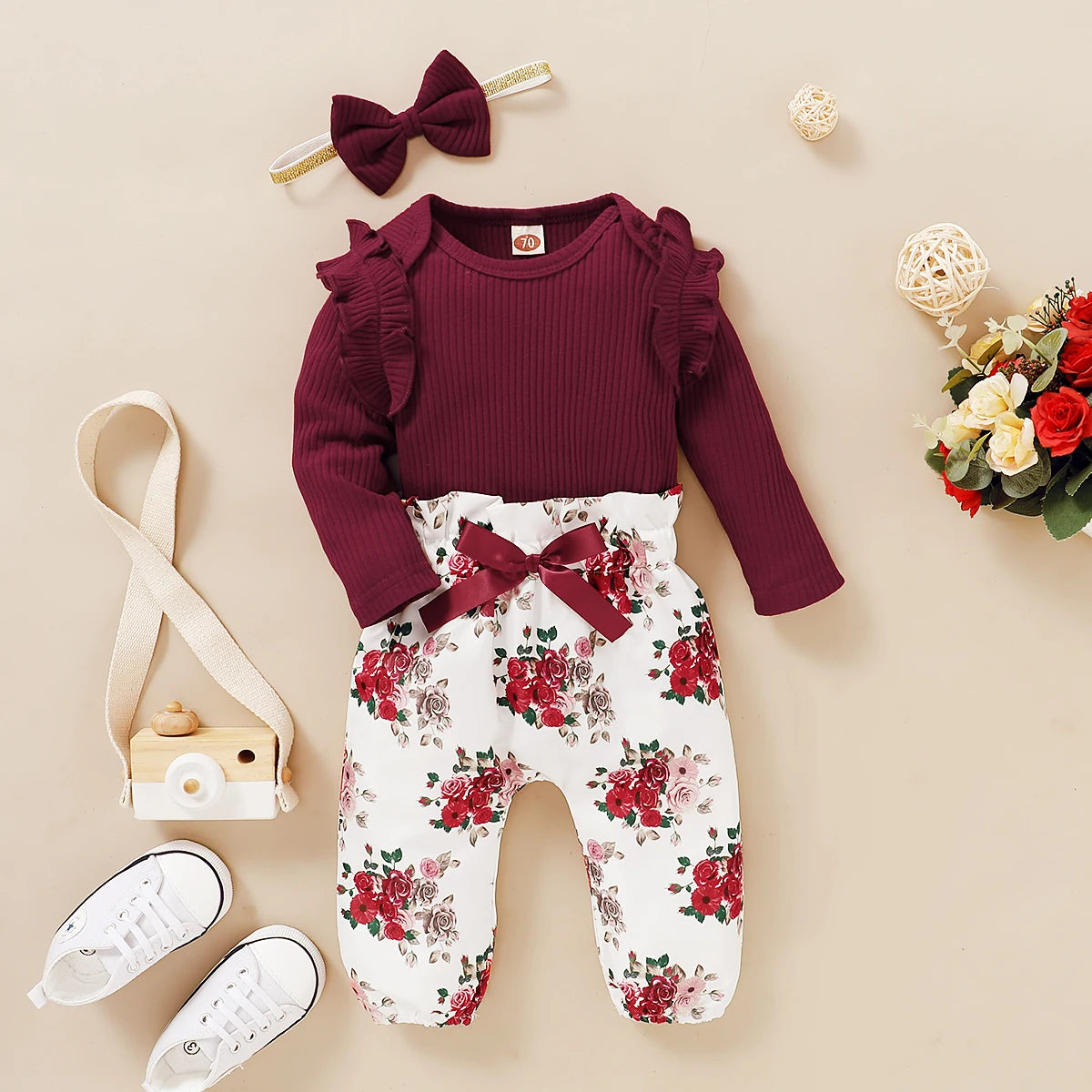 Long Sleeve Romper & Floral Pants & Bowknot Headband