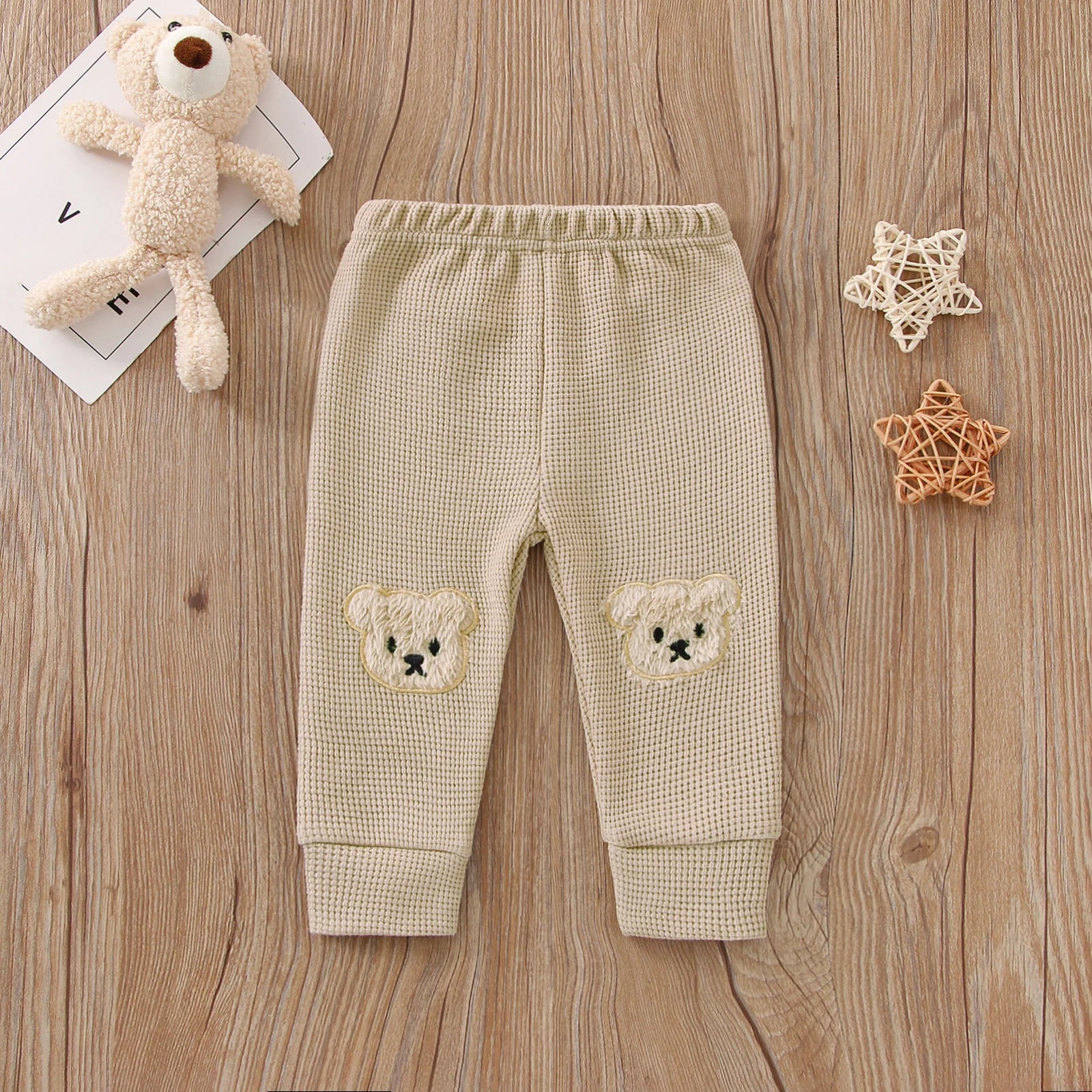 Cartoon Bear Applique Elastic Waist Trousers