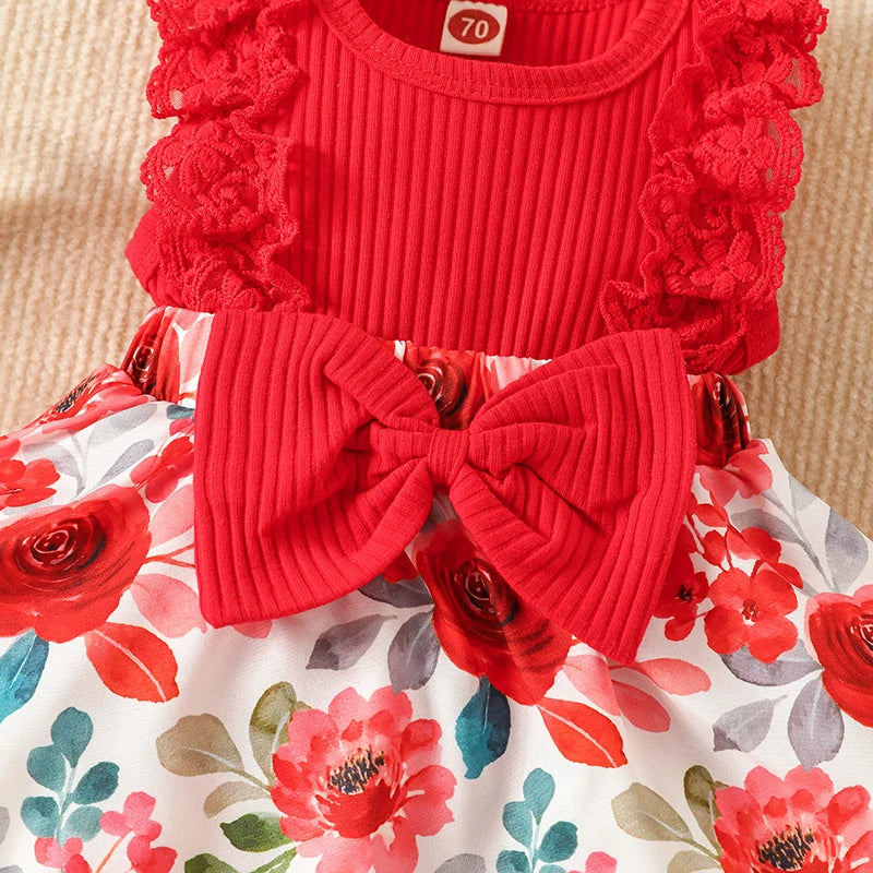 2PCS Romper Dress Set with Flower Print & Headband