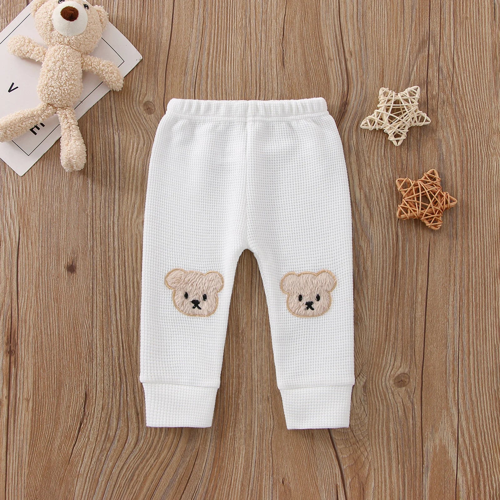 Cartoon Bear Applique Elastic Waist Trousers