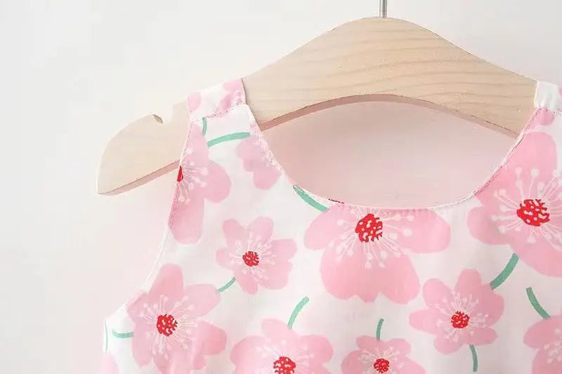 Sweet Floral Beach Dress with Hat 2PCs Set