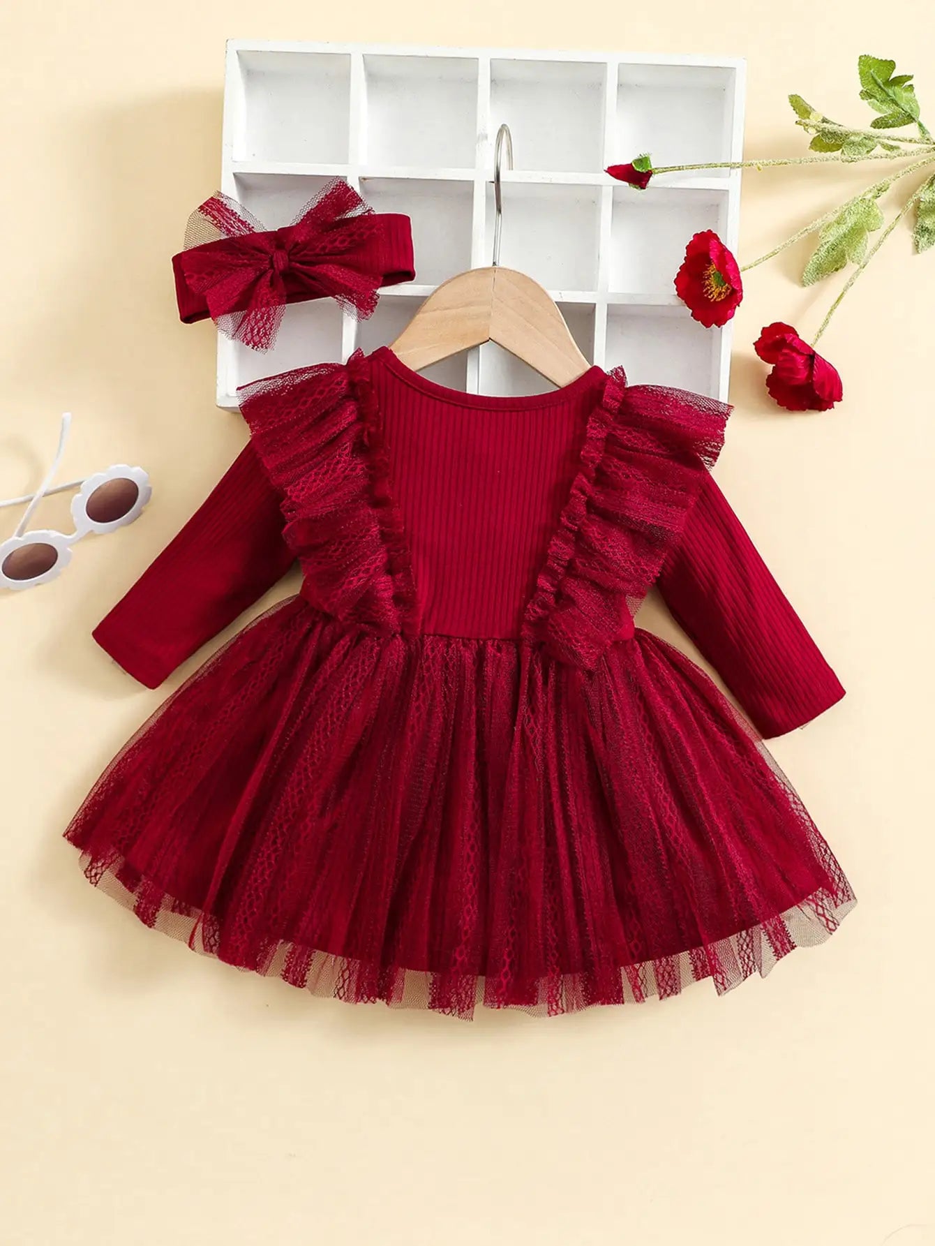 Two-Piece Romantic Ruffled Mesh Dress with Bow Headscarf