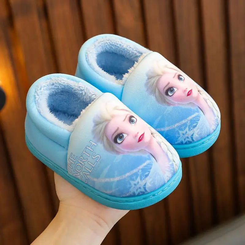 Disney Princess Elsa Winter Children's Heel Cotton Slippers Girls' Warm Frozen Kids' Cotton Black Purple Flats Shoes Size 24-40