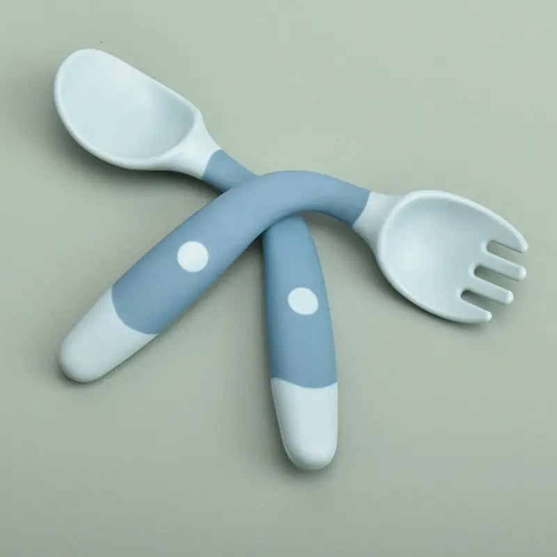 Green BPA-Free Toddler's Learning Utensil Set: Soft Silicone Twist Fork and Spoon