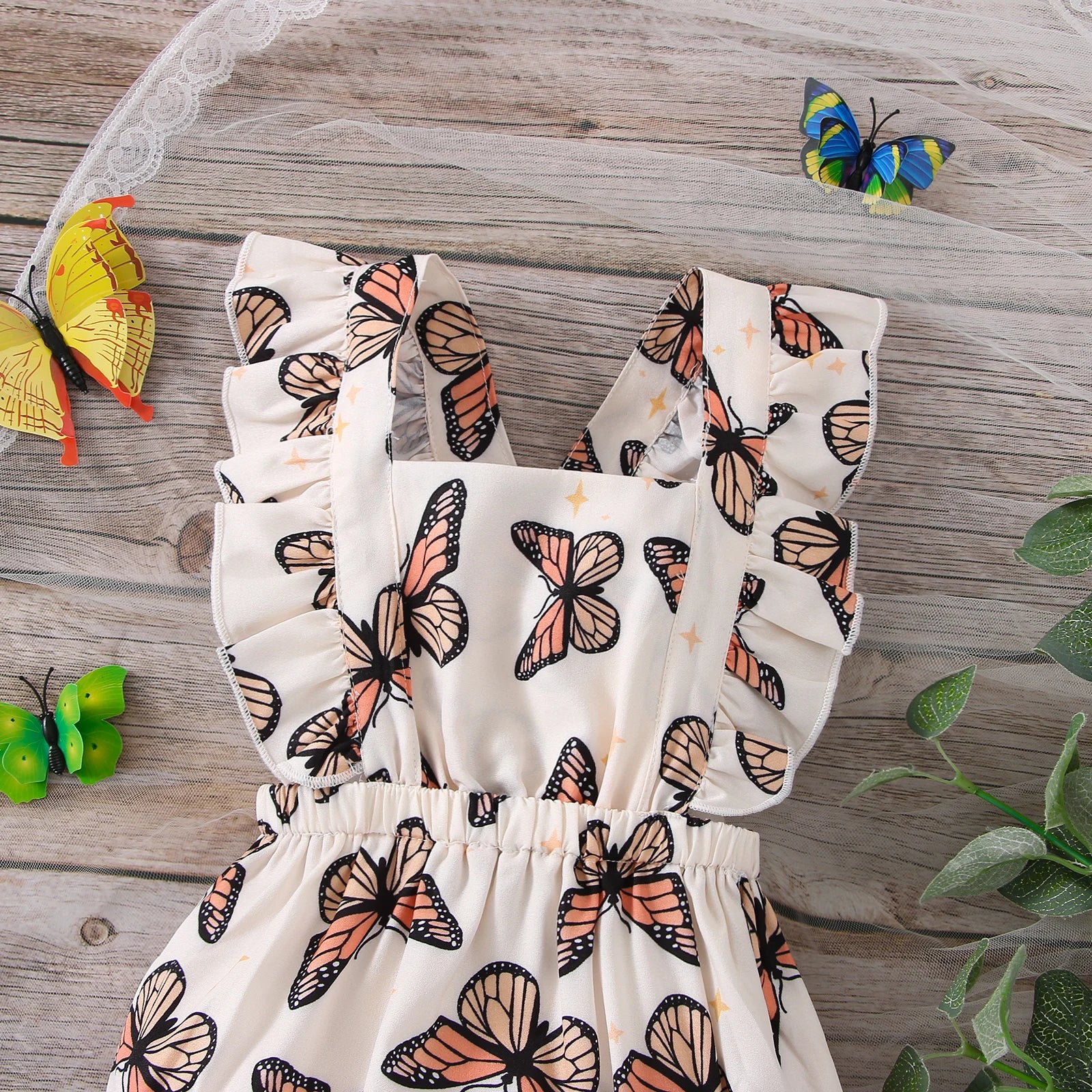 Baby Butterfly Print Ruffle Trim Square Neck Crisscross Back Bodysuit