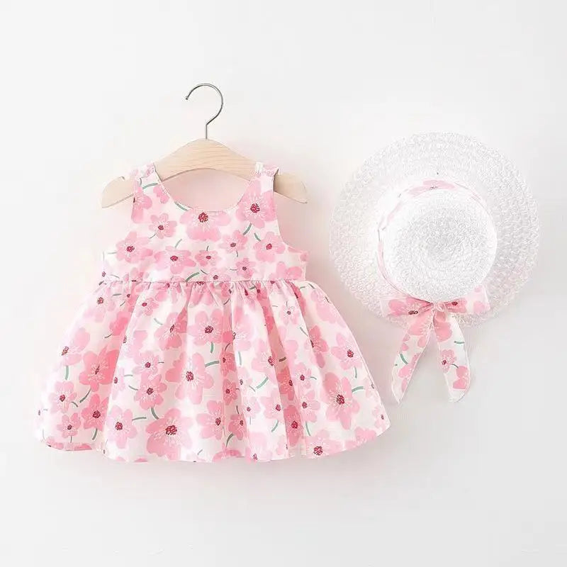 Sweet Floral Beach Dress with Hat 2PCs Set