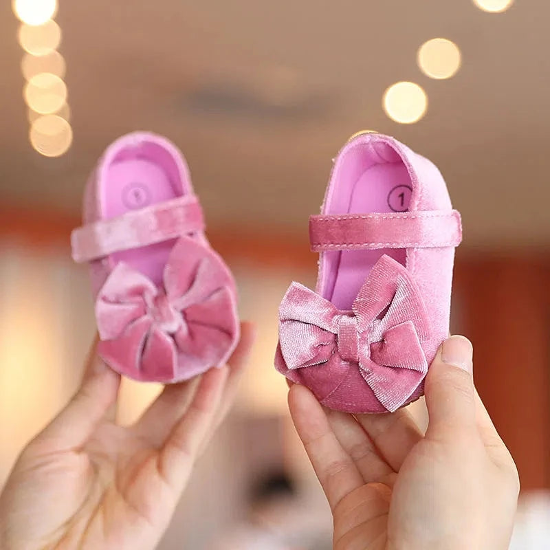 Newborn Baby Girls Flannelette Bow Shoes - Soft Rubber Sole