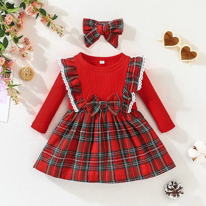 Fashion Long Sleeve Christmas Red Grid Princess Dress