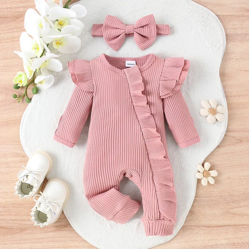 Ruffled Ribbed Baby Romper & Bow Headband Set