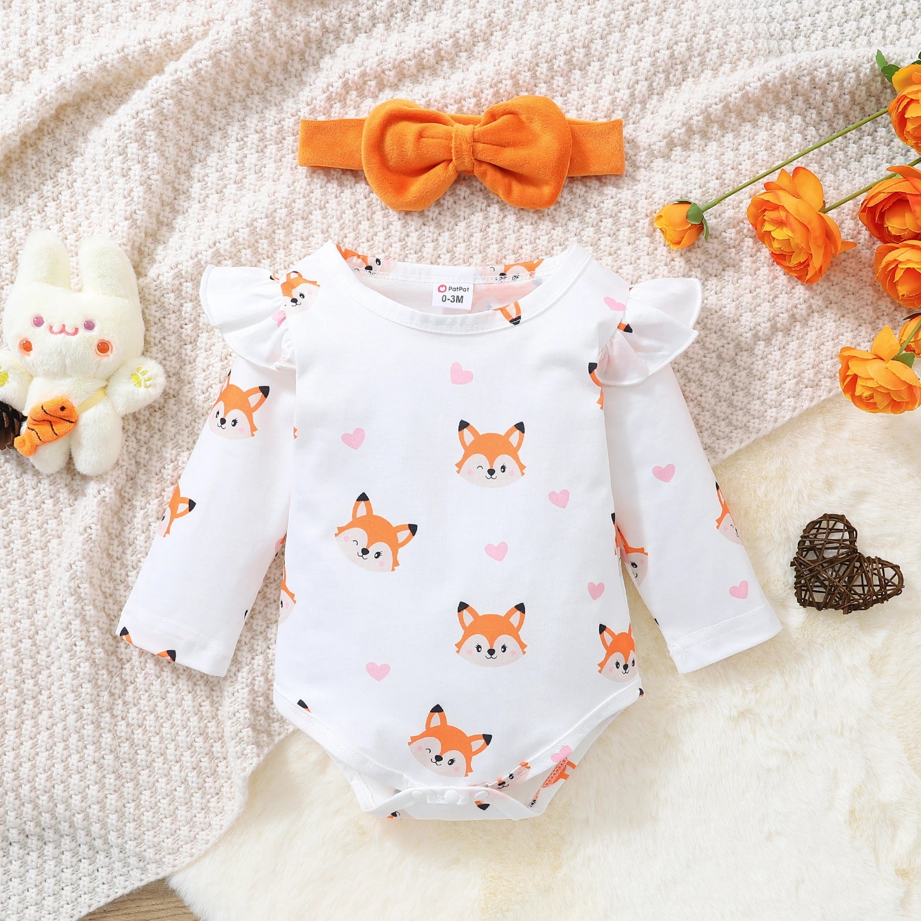 PatPat Newborn Baby Girl Clothes New Born Babies Items Costume 3pcs Fox Print Jumpsuit Romper Overall Dress with Headband Set