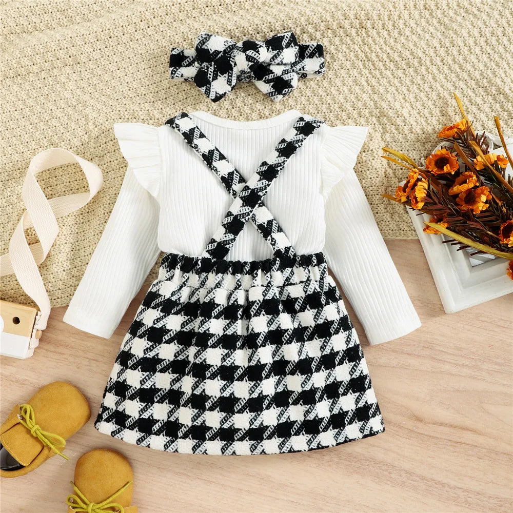 Autumn Winter Toddler Kids Clothes Girls Ruffles Long Sleeve Knitted Bodysuits Tops+Plaid Suspender Button Dress+Headband Sets