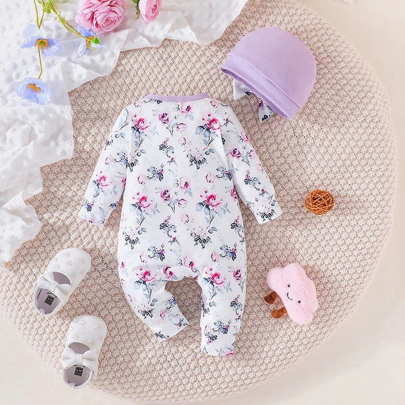 2PCs Floral Baby Romper with Bow & Hat