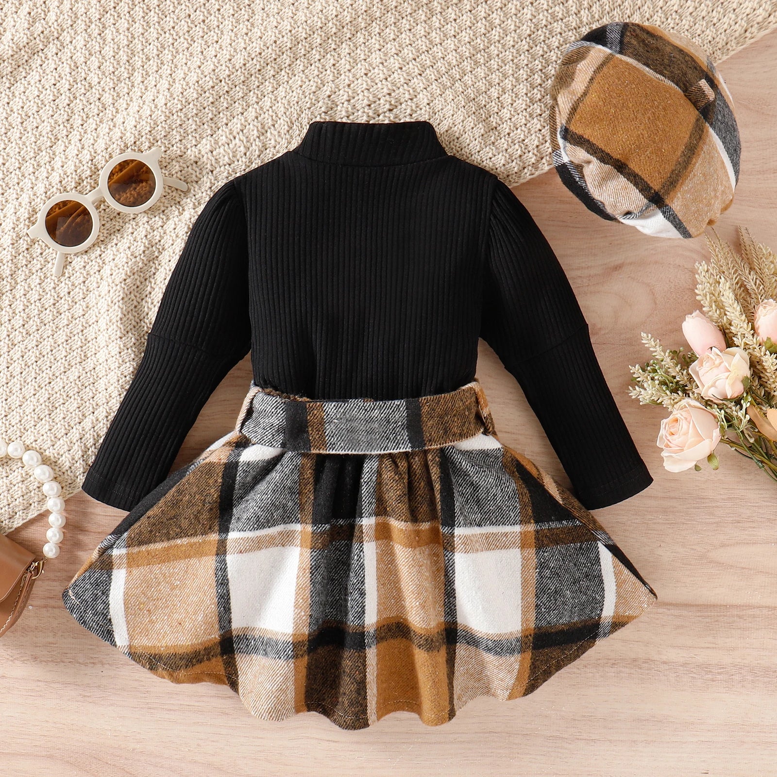 High-Collar Top, Plaid Skirt & Hat 3-Piece Set