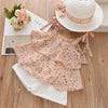 Floral Chiffon Raffled Top + Embroidered Shorts 3PCs Set with Hat