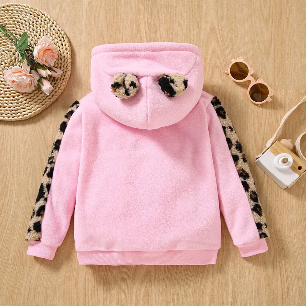 Letter Embroidered Leopard Ear Design Polar Fleece Hoodie Sweatshirt