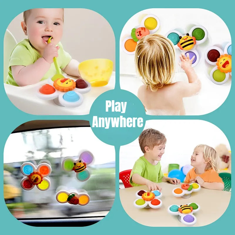 3Pcs Suction Cups Spinning Top Toy For Baby Game Infant Teether Relief Stress Educational Rotating Rattle Bath Toys For Children