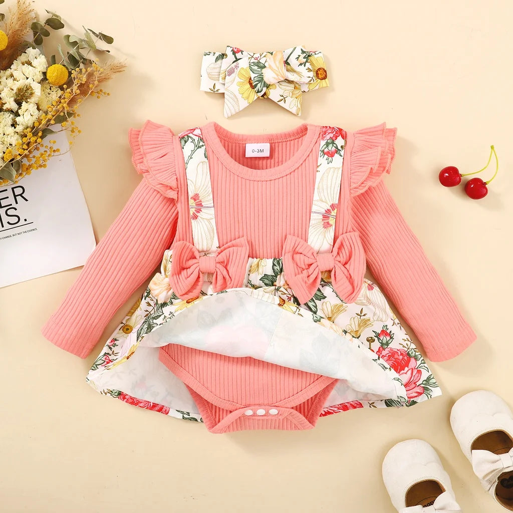 2-Piece Baby Girl Floral Romper Dress & Headband Set