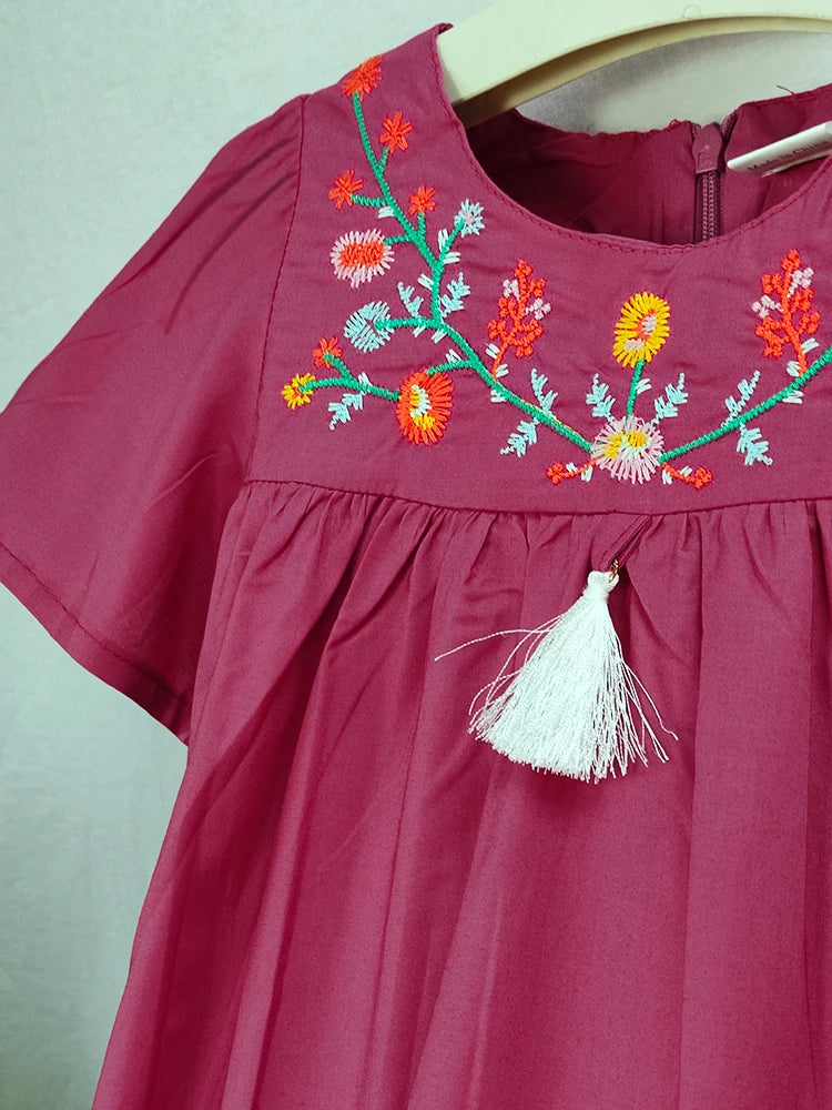 Girls Flowers Embroidered Cotton Dress