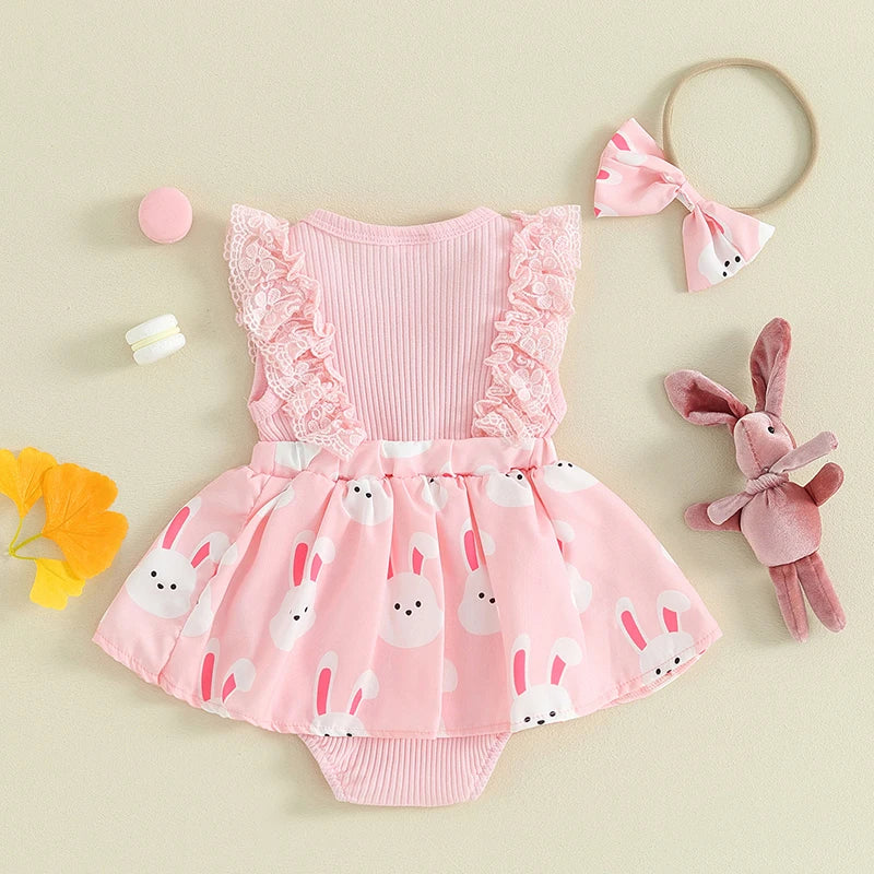 Lace Bunny Print Baby Romper Set