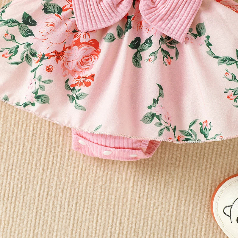 2PCS Romper Dress Set with Flower Print & Headband