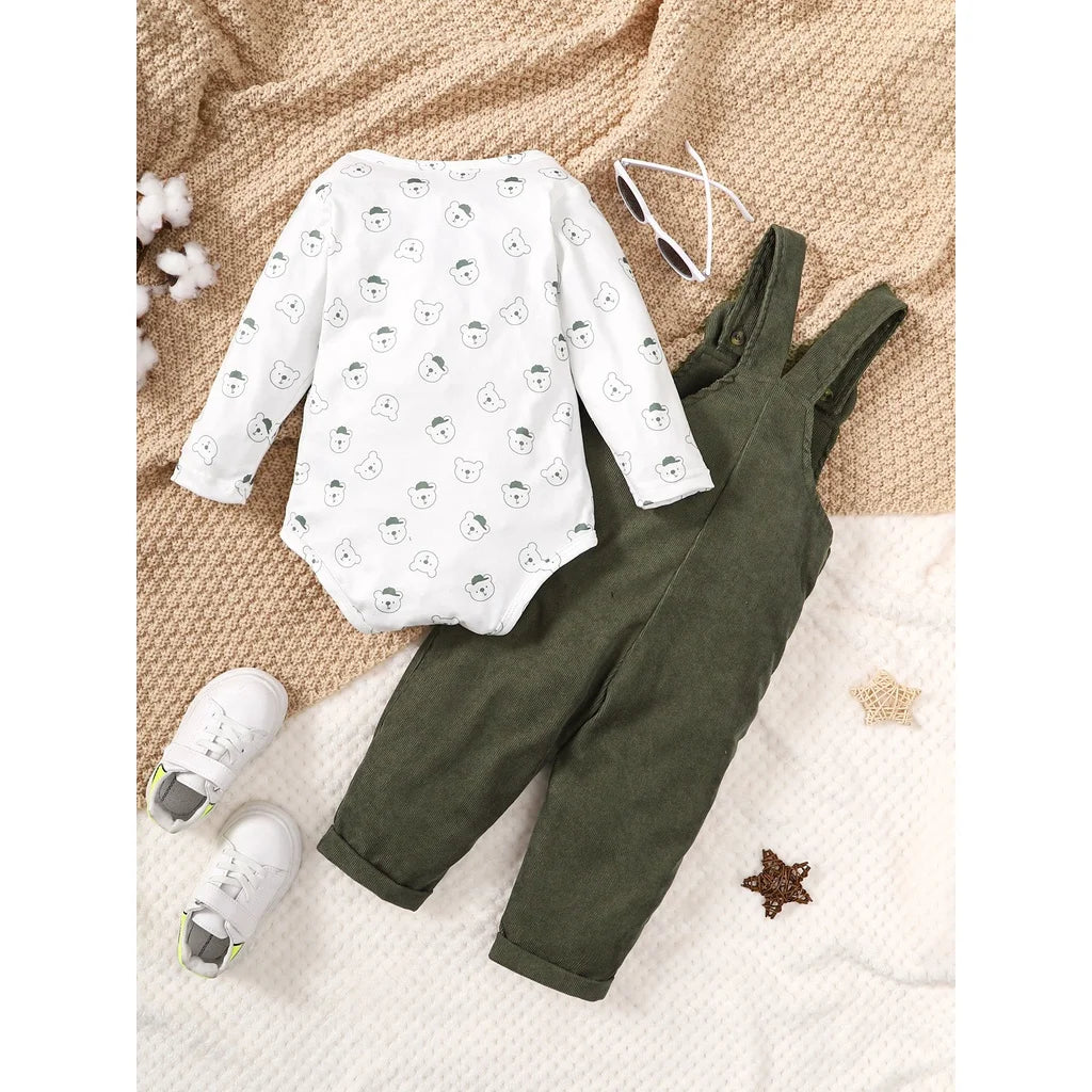 Bear Print Bodysuit and Green Overall Set