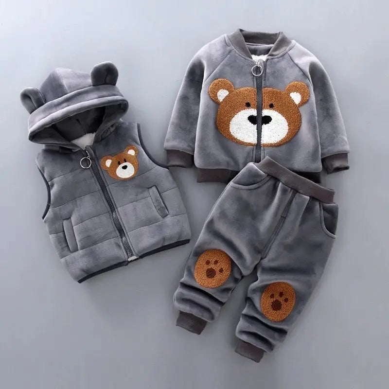 3PCs Fleece Bear Set: Jacket + Vest + Pants