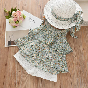 Floral Chiffon Raffled Top + Embroidered Shorts 3PCs Set with Hat